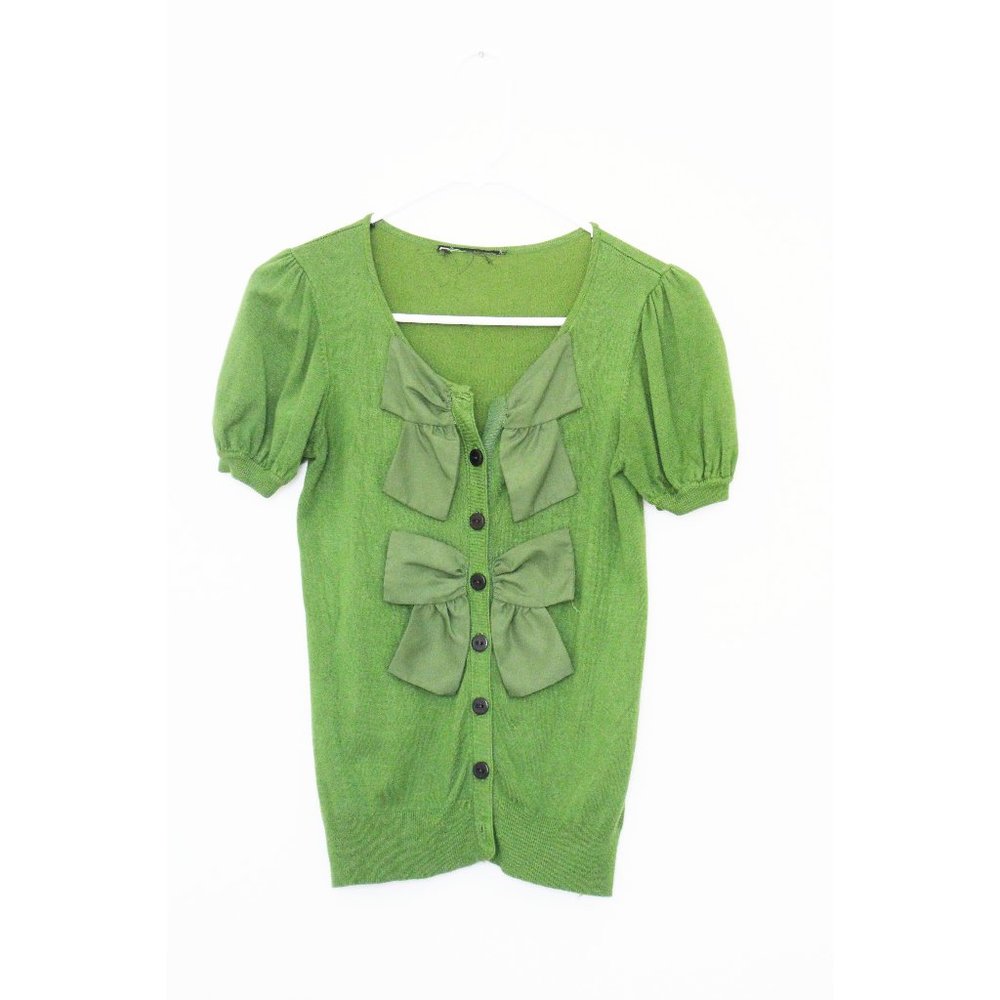 Green Bow Button Short Sleeve Cardigan Sweater  XS